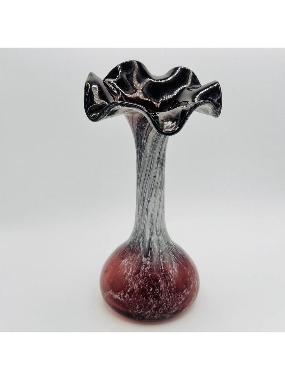 Vintage Hand Blown Art Glass Vase Amethyst & White Swirl Ruffled Rim